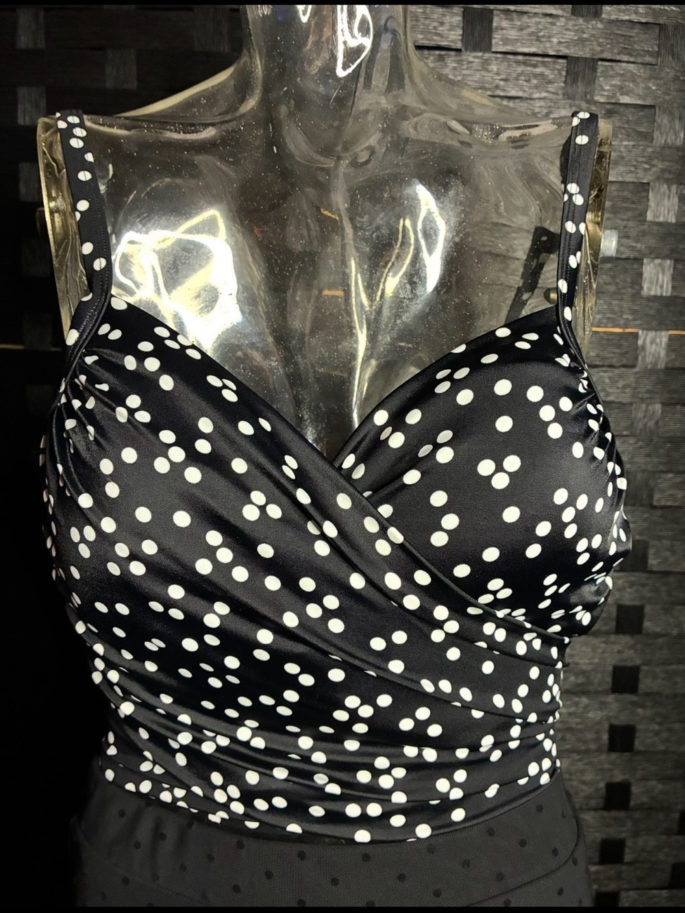 Retro Black and White Polka Dot Wrapped Tankini Swim Top